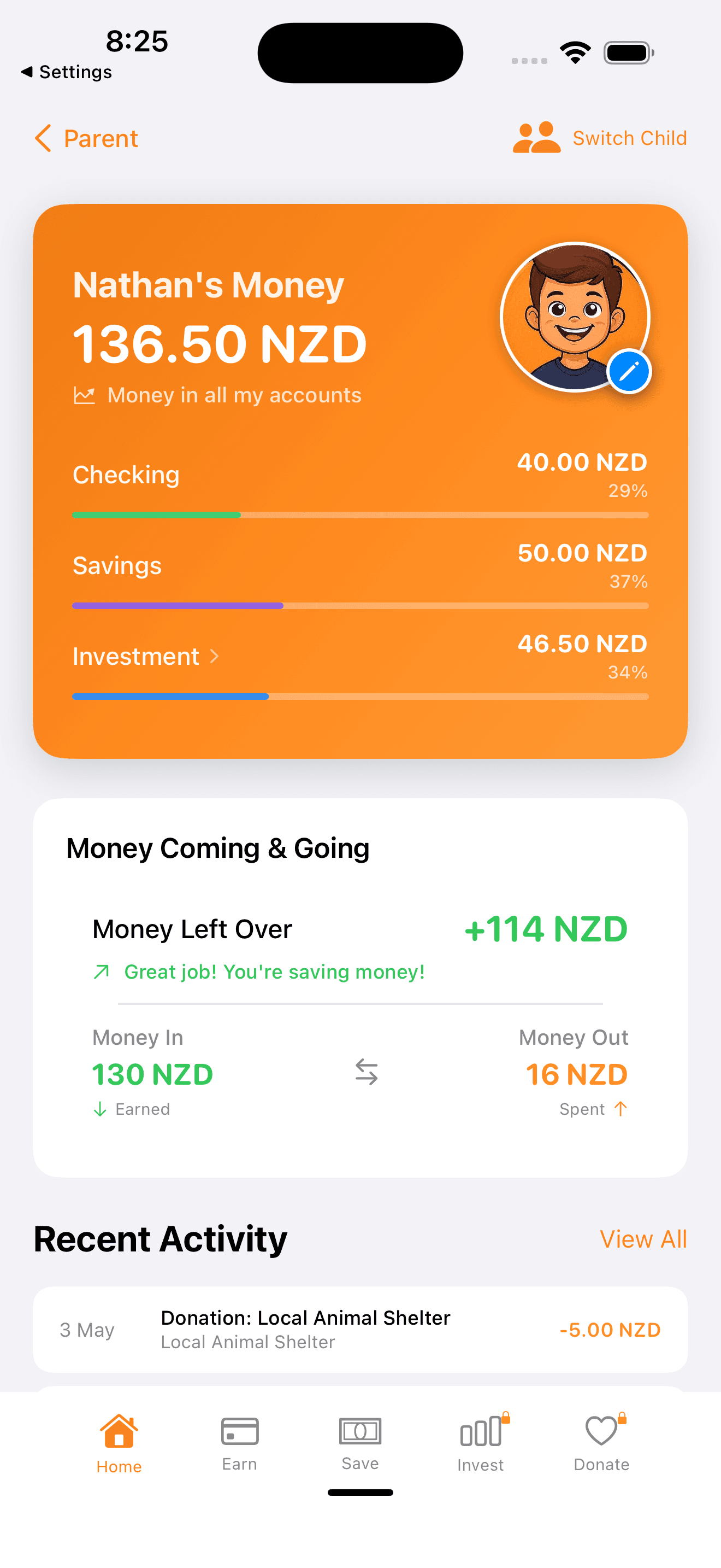 Pockiti app showing a child's money dashboard